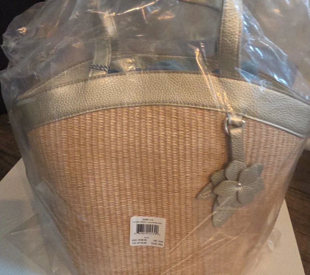 Draper James Natural Straw Tote with Gold Trim and Floral Charm